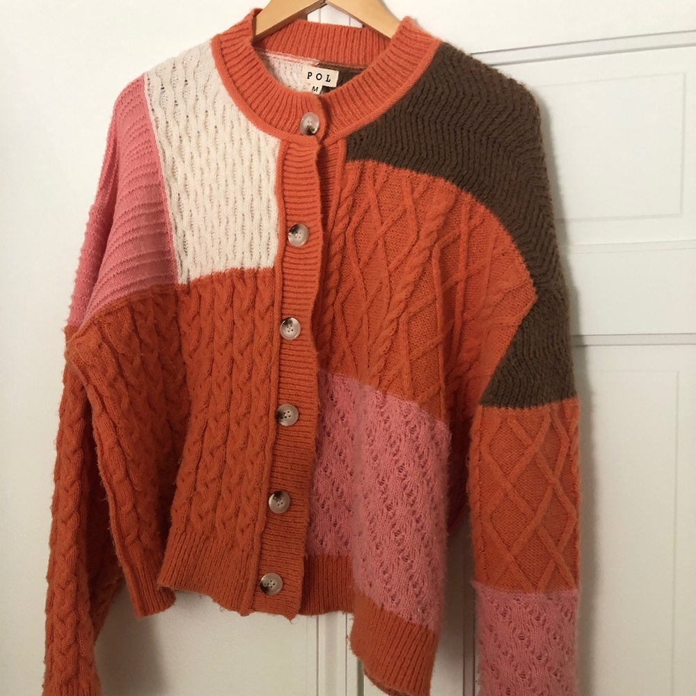 POL - Patchwork Coral Cardigan Sweater - Women's Size Medium